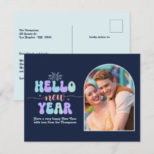 Sapphire Groove New Year Retro Modern Blue Photo Holiday Postcard