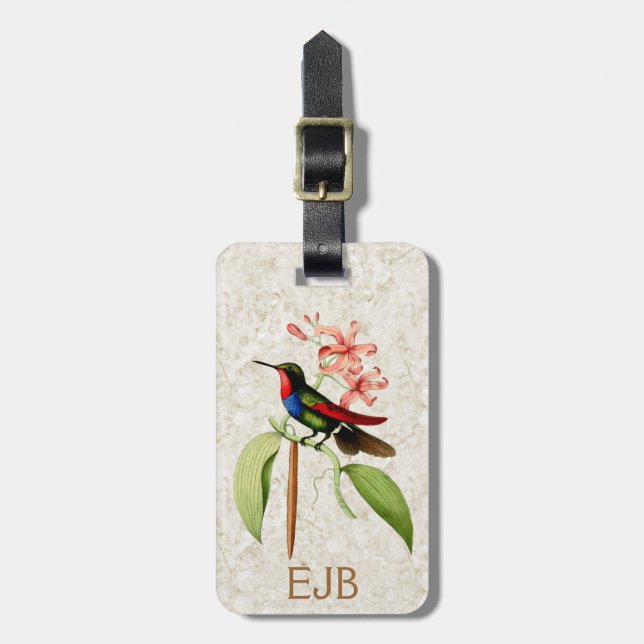 Sapphire Hummingbird Vintage Art Monogram Luggage Tag (Front Vertical)