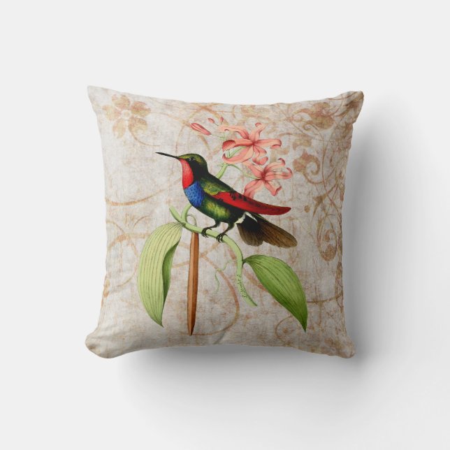 Sapphire Hummingbird Vintage Grunge Throw Pillow (Front)