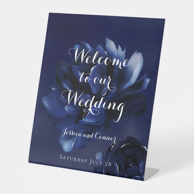 Sapphire Peony Welcome To Our Wedding Pedestal Sign (Front)