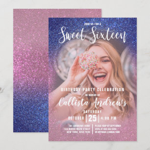 Sapphire Pink Triple Glitter Ombre Photo Sweet 16 Invitation