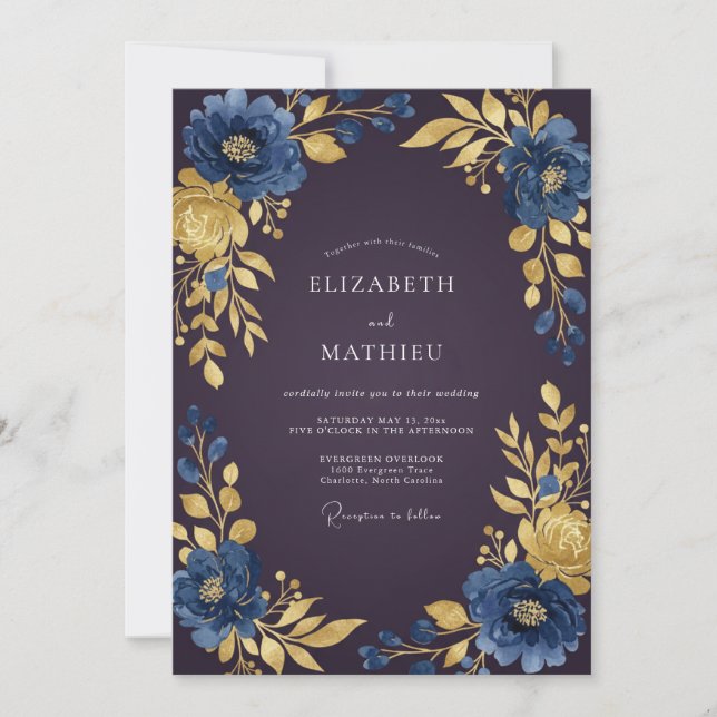 Sapphire Plum Leafy Wedding Invitation (Front)