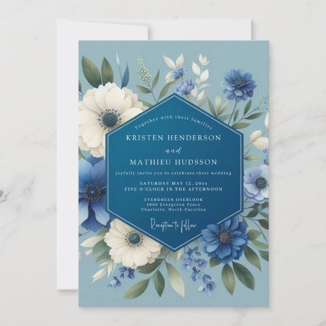 Sapphire Poetic Bloom Wedding Invitation (Front)