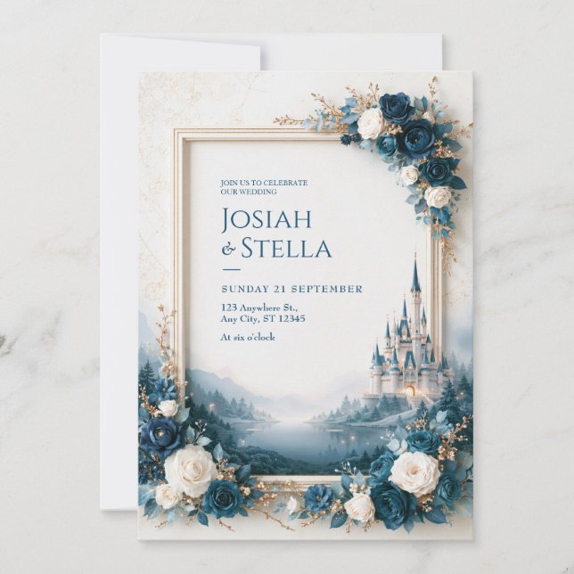 Sapphire Rose Castle Lake Frame Wedding Invitation (Front)