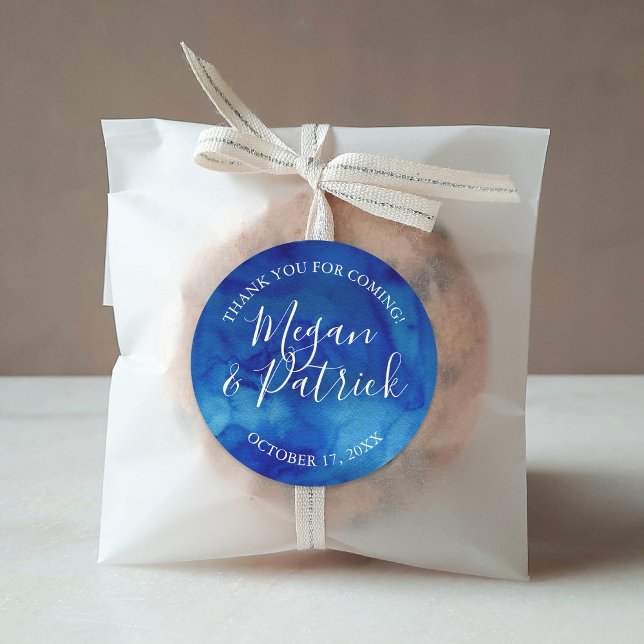 Sapphire Tide Thank You Wedding Favour Classic Round Sticker (Creator Uploaded)