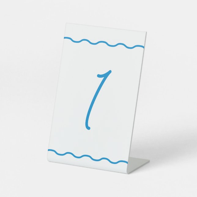 Sapphire Wavy Retro Wedding Table Number Pedestal Sign (Front)