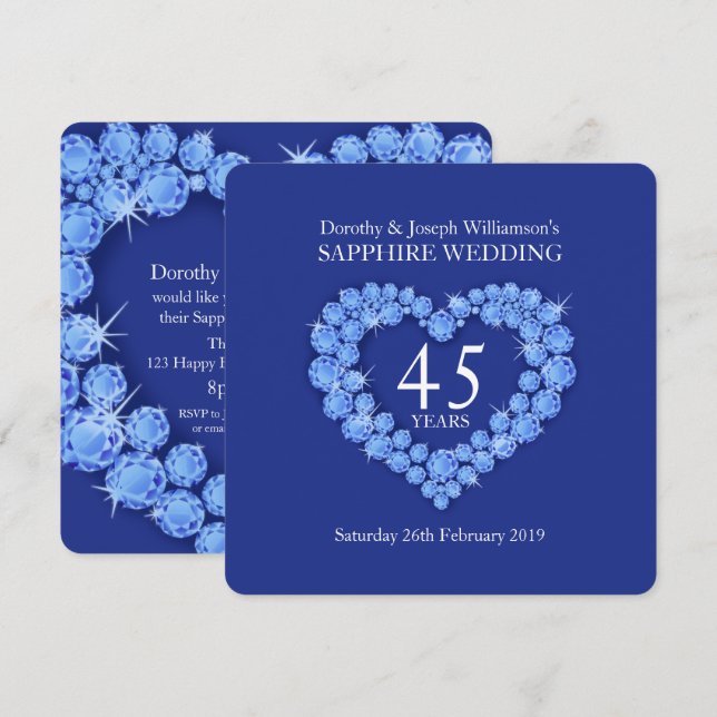 Sapphire wedding heart 45 years party invite (Front/Back)