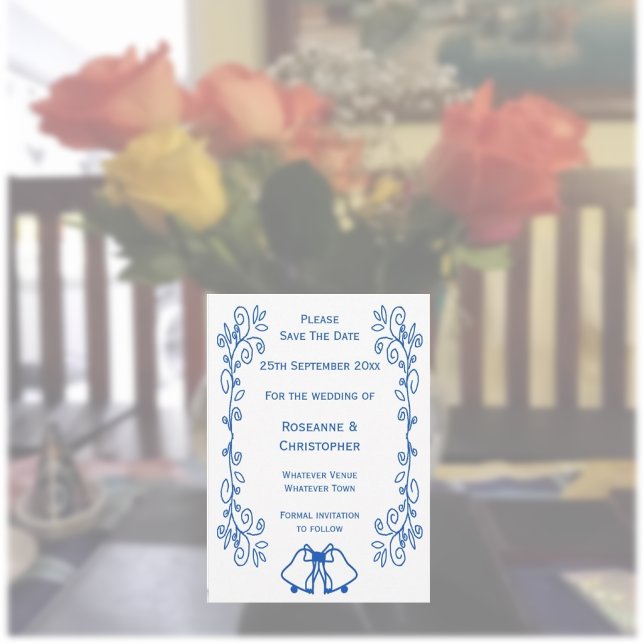 Sapphire Wedding Save The Date Bells Scrollwork (Blue sapphire wedding save the date bells and scrollwork design)