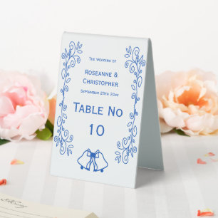 Sapphire Wedding Table Tent Sign Bells Scrollwork