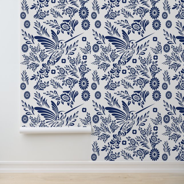 Sapphire White Hummingbird Mexican Talavera Mosaic Wallpaper (Application)