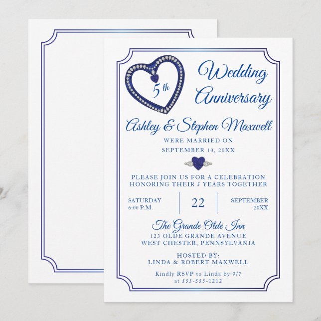 Sapphires Diamonds 5th Wedding Anniversary Party Invitation (Front/Back)