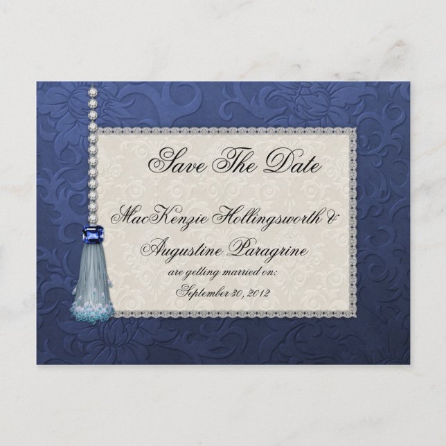 Sapphires Diamonds Blue Tassel on Damask Save Announcement Postcard (Front)