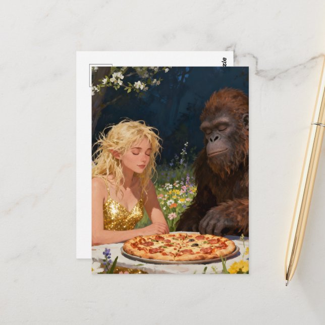 Saquatch and Fairy Pizza Party Postcard (Front/Back In Situ)