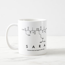 Mug featuring the name Sara spelled out in the single letter amino acid code