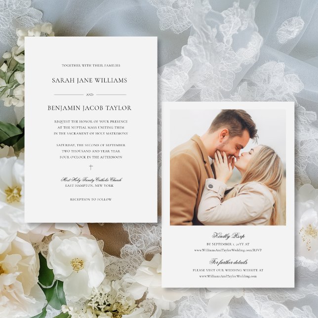 Sarah Catholic Wedding Invitations with RSVP (This chic, all-in-one wedding invite features a luxe, black & white design and an engagement photo.)