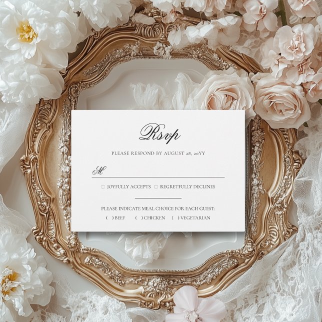 Sarah Elegant Black & White Meal Choice Wedding RSVP Card (This meal choice RSVP card is perfect for an elegant, vintage wedding.)