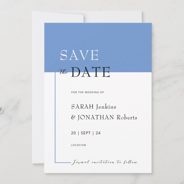 SARAH Modern Blue Minimalist Save The Date Card (Front)