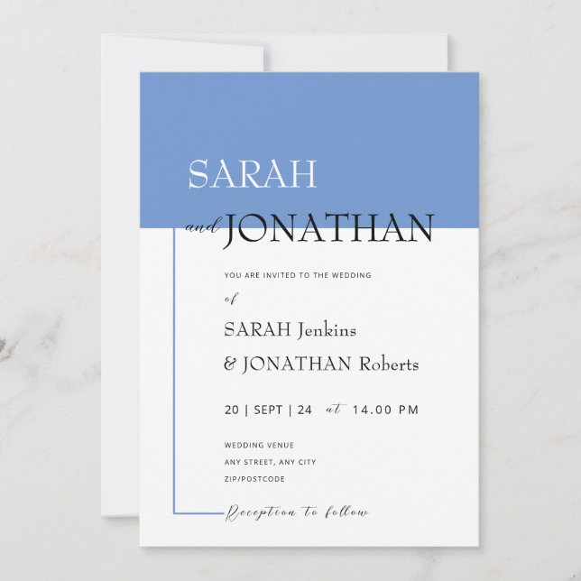 SARAH Modern Blue Minimalist Wedding Invitation (Front)