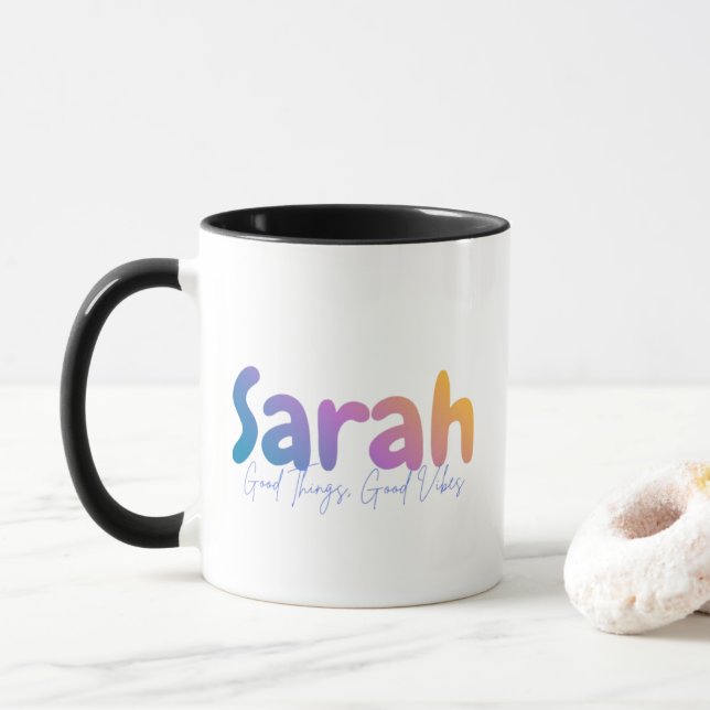 Sarah Name Gift - Good Things Good Vibes  Mug (With Donut)