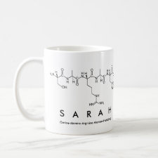 Mug featuring the name Sarah spelled out in the single letter amino acid code