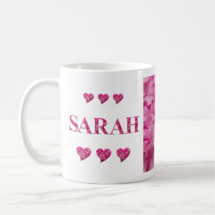 "Sarah" Pink Hydrangea Floral Letters, Cute Hearts Coffee Mug