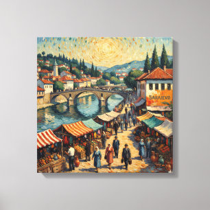 Sarajevo Riverside Bazaar Scene Canvas Art