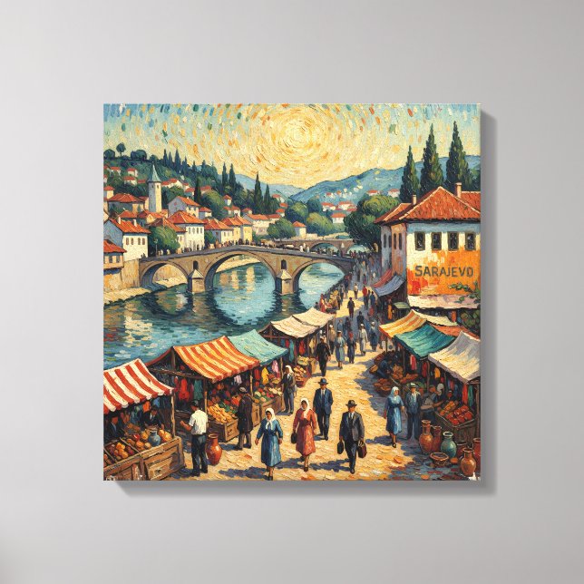 Sarajevo Riverside Bazaar Scene Canvas Art (Front)
