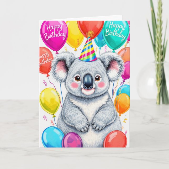 Sarcastic Birthday Koala with Colourful Balloons Card (Front)