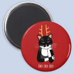 Sarcastic Christmas Cat Magnet<br><div class="desc">A funny sarcastic,  annoyed and unenthusiastic black and white tuxedo cat with Christmas antlers.  Ho ho ho,  and all that stuff.
Change the text or remove it to personalize further.</div>