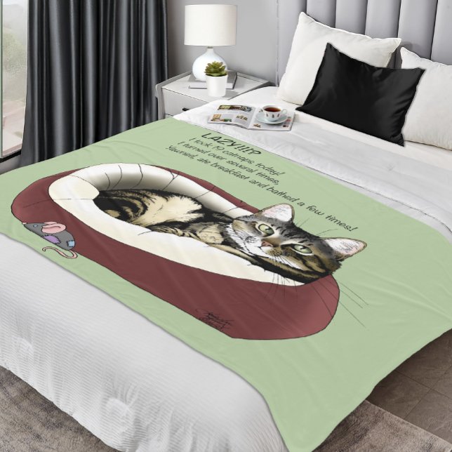 Sarcastic Lazy Tabby Cat Humour Sage Green Fleece Blanket (Creator Uploaded)