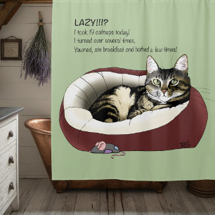 Sarcastic Lazy Tabby Cat Humour Sage Green Shower Curtain