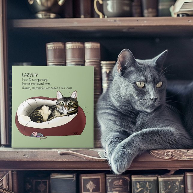 Sarcastic Lazy Tabby Cat Humour Sage Green Tile (Creator Uploaded)