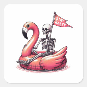 Sarcastic Skeleton on Flamingo - Stay Salty Square Sticker