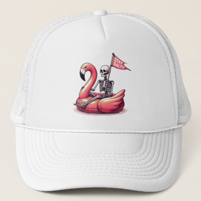 Sarcastic Skeleton on Flamingo - Stay Salty Trucker Hat (Front)