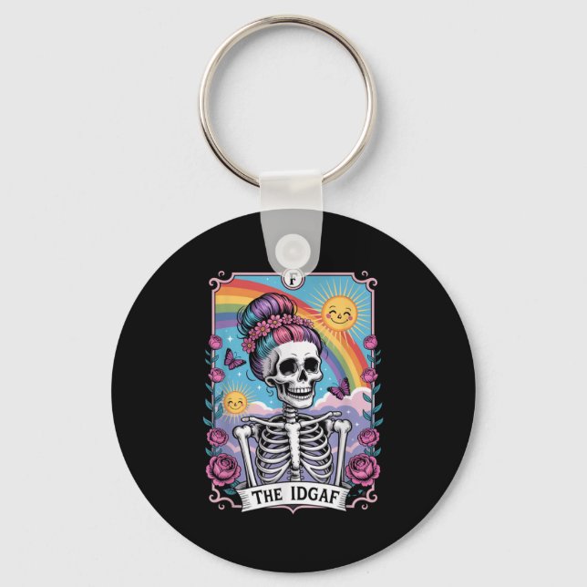 Sarcastic Skeleton The Idgaf Funny Tarot Card Goth Key Ring (Front)