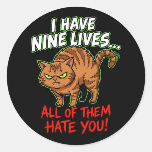 Sarcastic Tabby Cat Nine Lives Hate You Funny Classic Round Sticker