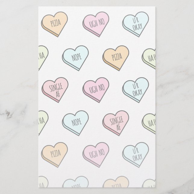 Sarcastic Valentine’s Candy Heart Pattern Stationery (Front)