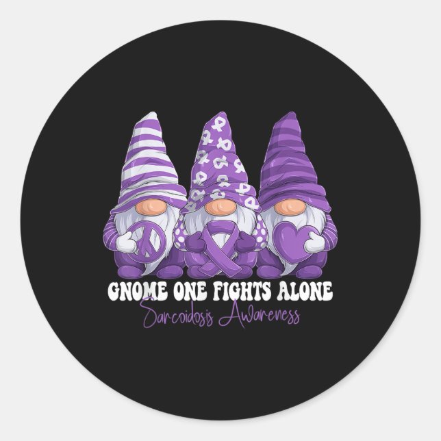 Sarcoidosis Awareness Month Purple Ribbon Gnomies  Classic Round Sticker (Front)