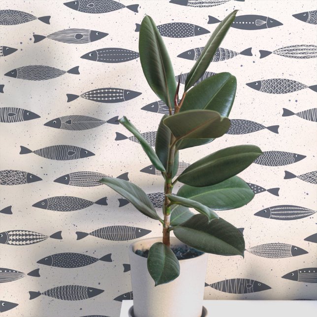 Sardine Fish Indigo Blue Cream Wallpaper (Fun coastal sardines fish wallpaper in indigo blue and cream)