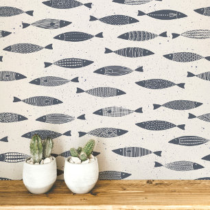 Sardine Fish Indigo Blue Cream Wallpaper