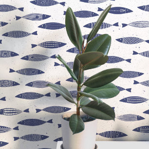 Sardine Fish Navy Blue White Coastal Wallpaper
