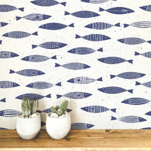 Sardine Fish Navy Blue White Coastal Wallpaper