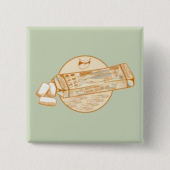 Sardine flavoured chewing gum funny fish 15 cm square badge (Front)