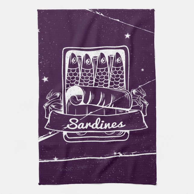 Sardines in a tin Distressed Tea Towel (Vertical)