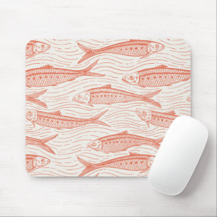 Sardines in Motion in coral and off white Mouse Mat