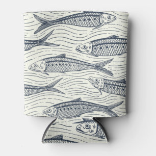 Sardines in Motion in navy and ivory Can Cooler