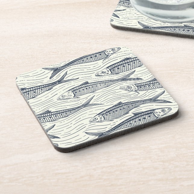 Sardines in Motion in navy and ivory Coaster (Left Side)
