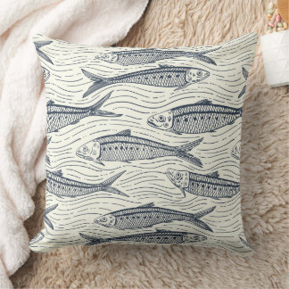 Sardines in Motion in navy and ivory Cushion