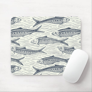 Sardines in Motion in navy and ivory Mouse Mat