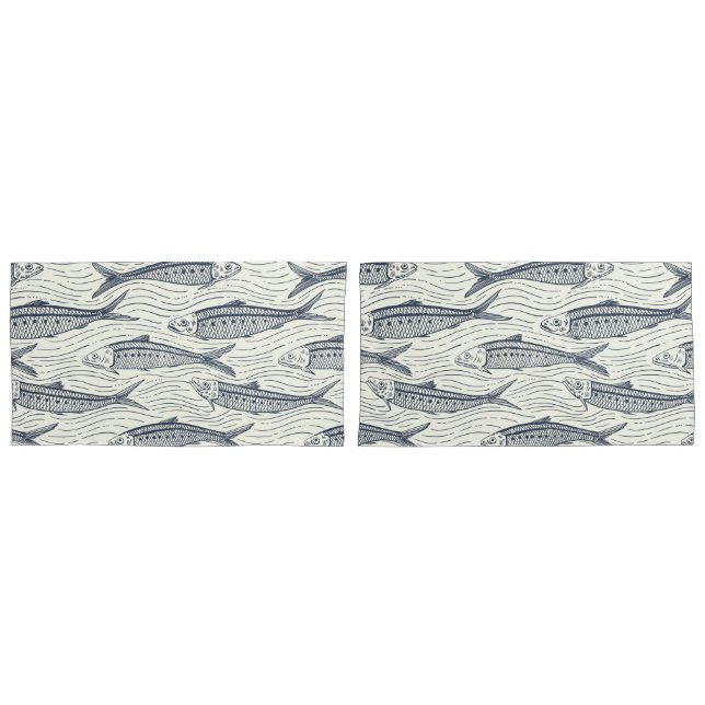 Sardines in Motion in navy and ivory Pillowcase (Front-Set)